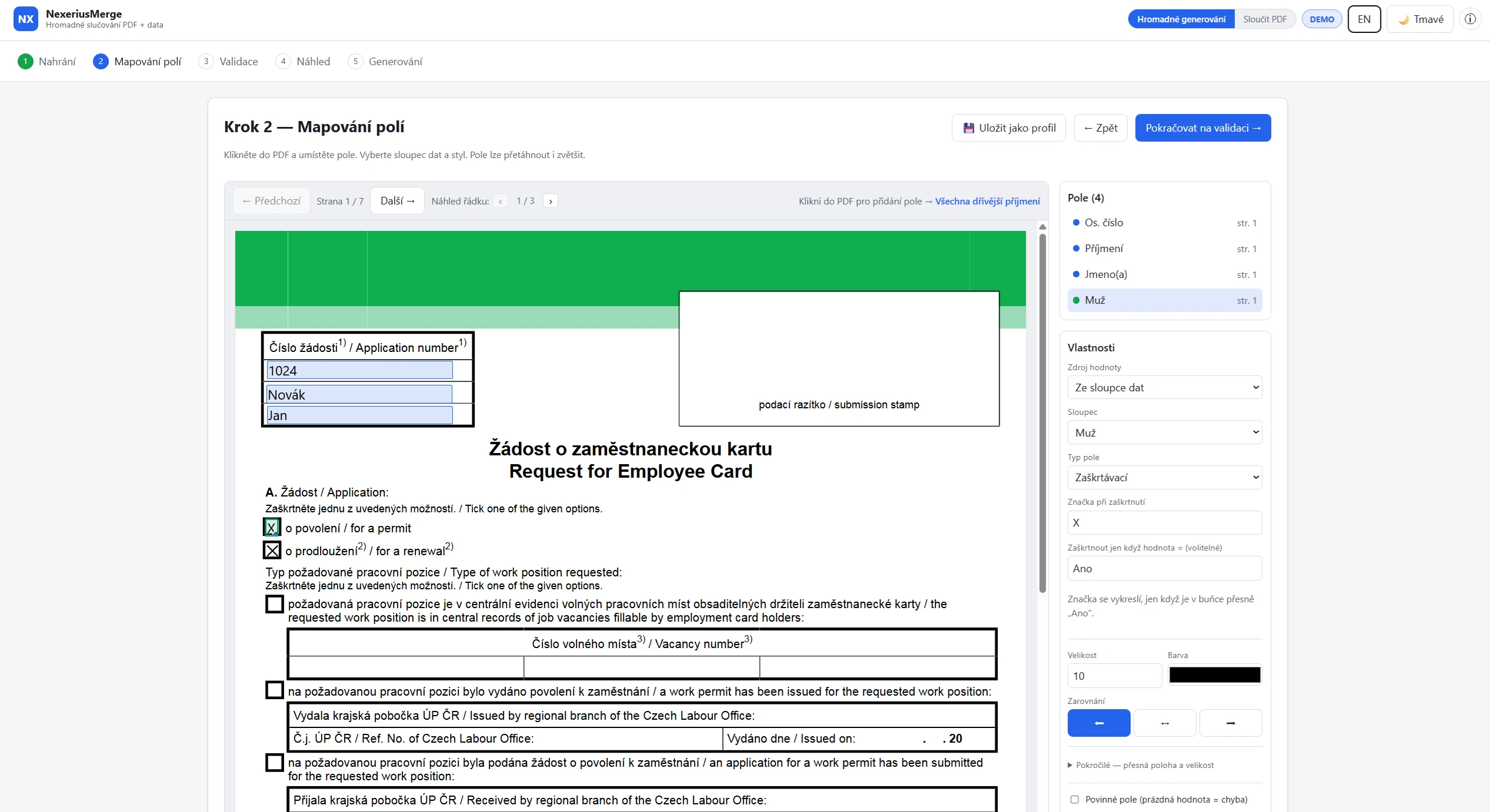 Mapování polí z tabulky do PDF šablony v Nexerius Merge