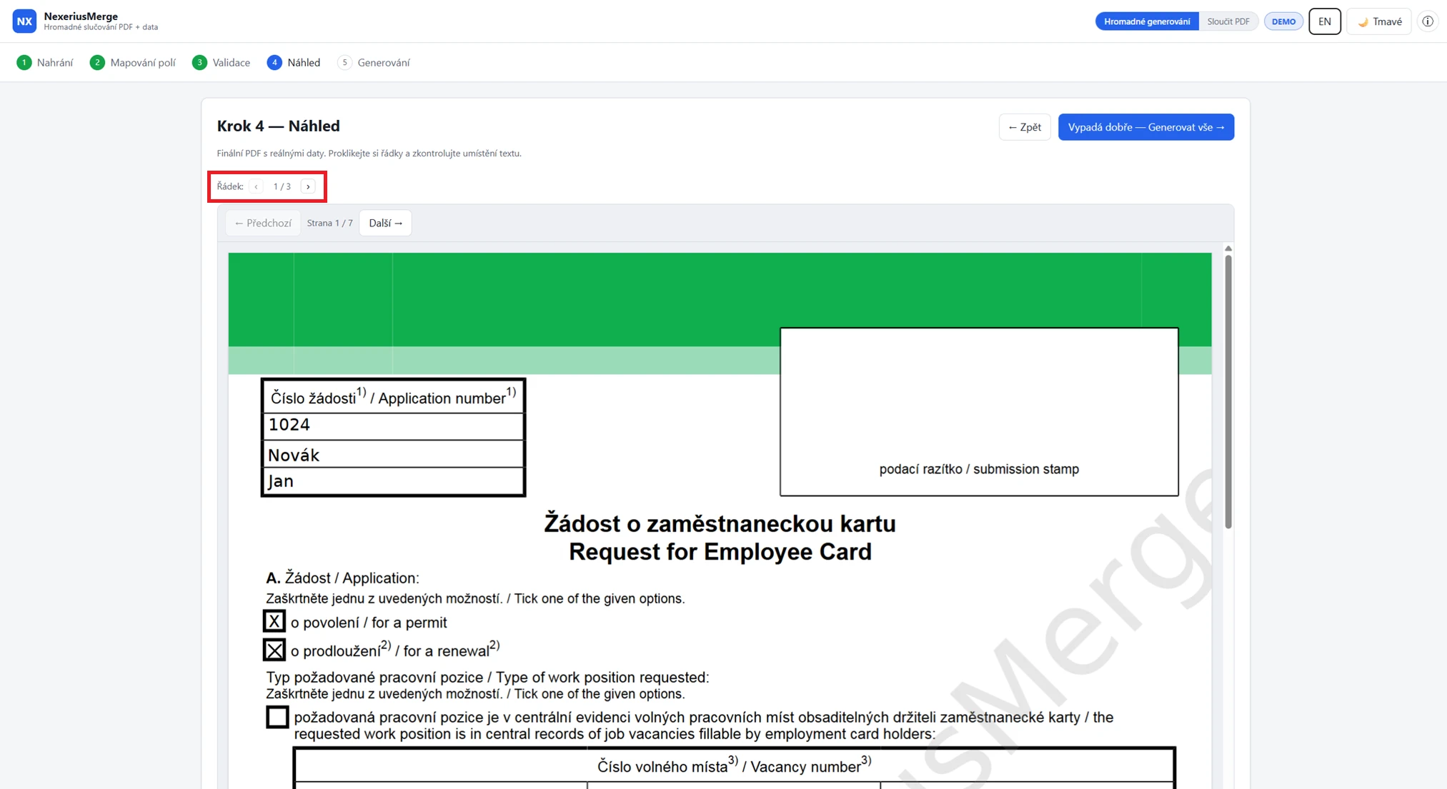 Náhled hotového PDF dokumentu před exportem v Nexerius Merge