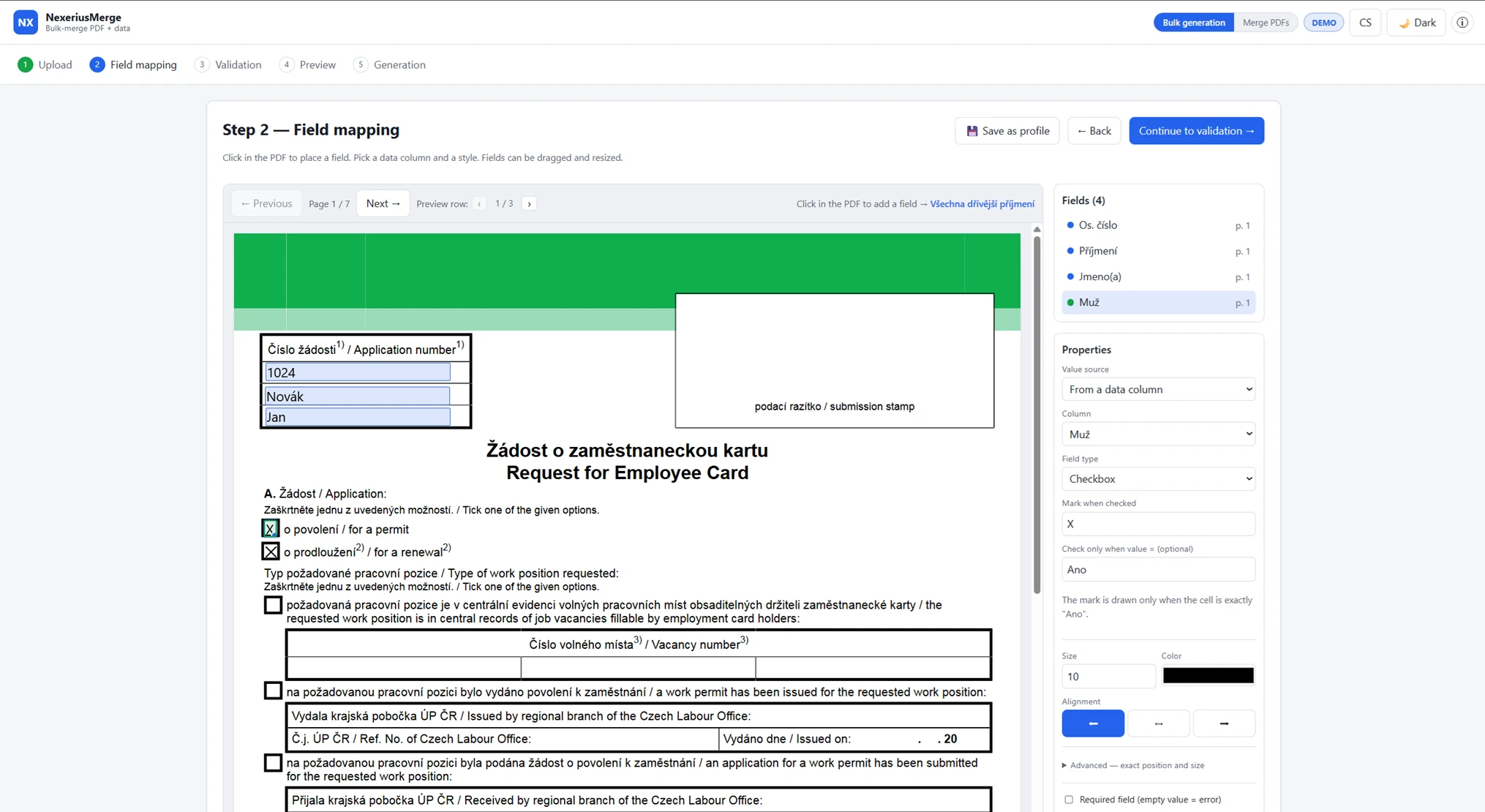 Mapping spreadsheet fields into a PDF template in Nexerius Merge