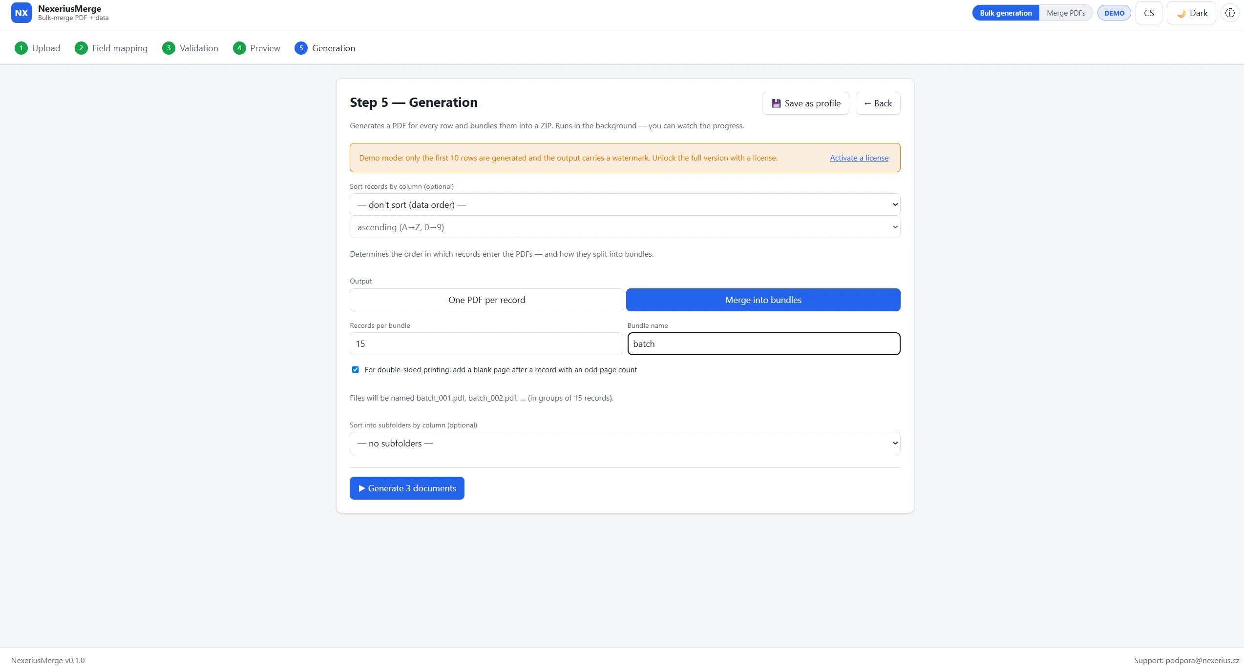 Export settings, file naming and ordering in Nexerius Merge