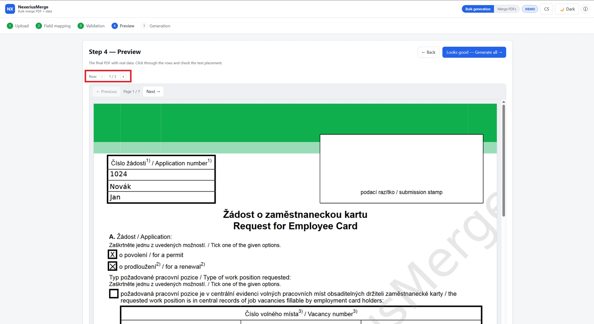 Preview of a finished PDF document before export in Nexerius Merge