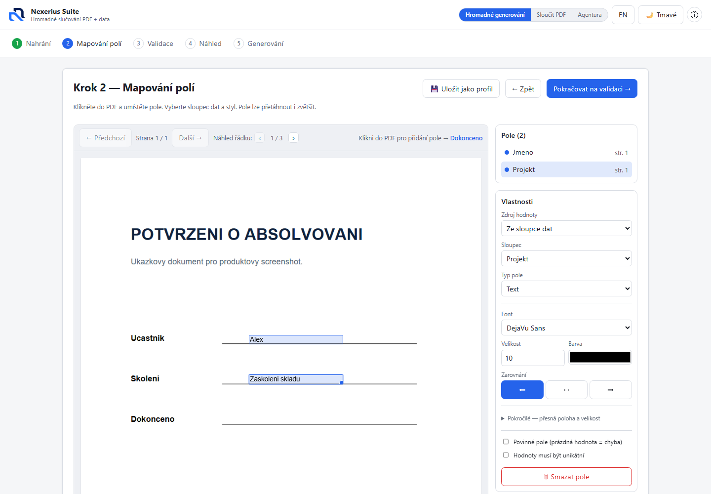 Mapování polí z tabulky do PDF šablony v Nexerius Dokumenty
